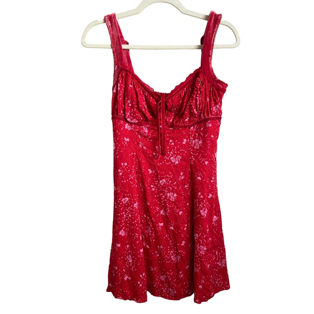 Free People Red Floral Velvet Trim Mini Dress XS